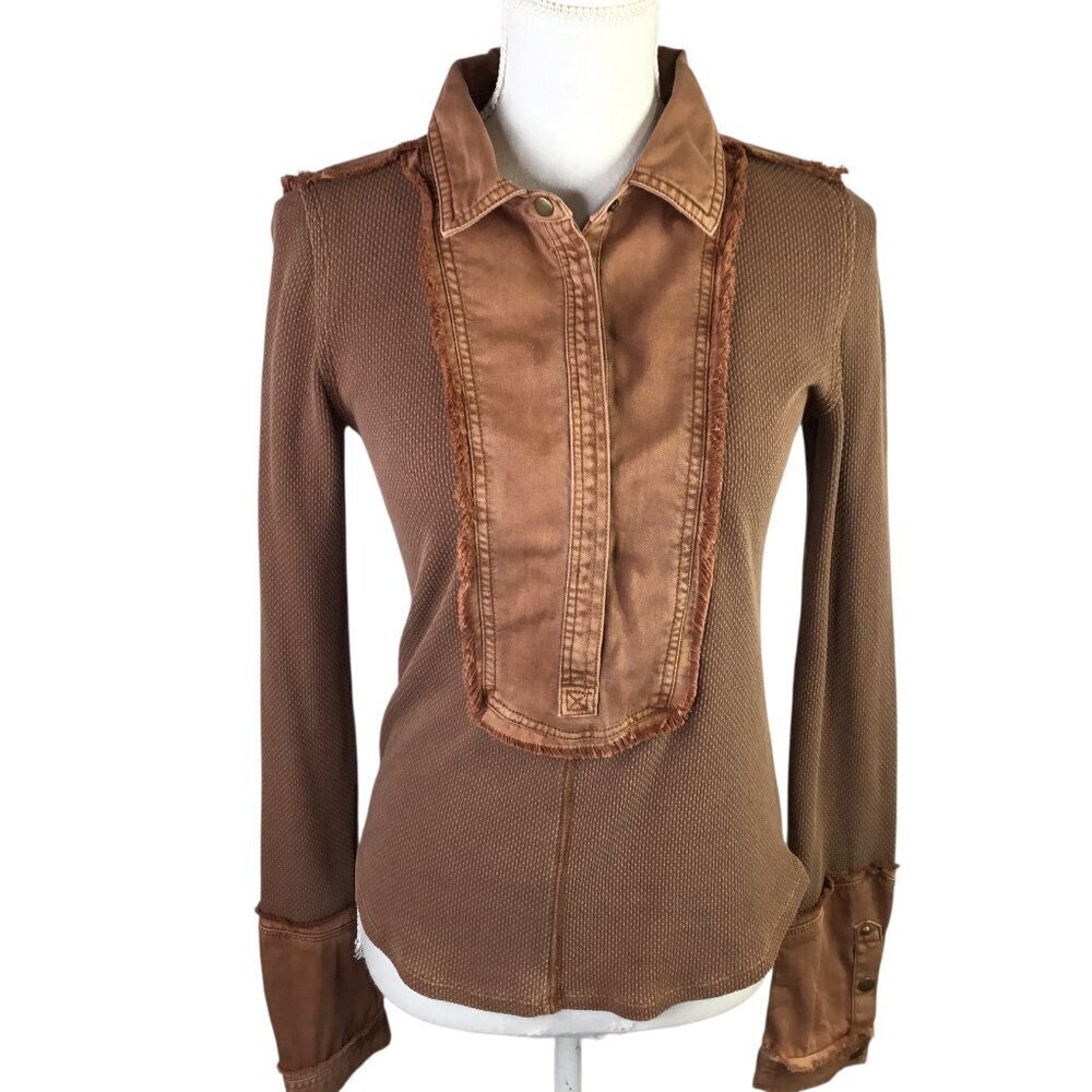 We the Free Snap Henley Thermal Top Raw Edge Brown Size Medium Long Sleeve